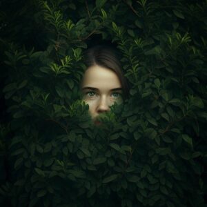 a woman hiding in a bush