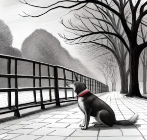 a pencil drawing of a dog in a park