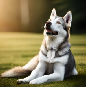 a husky sat on the grass looking happy