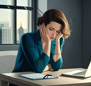 a woman in an office setting looking sad
