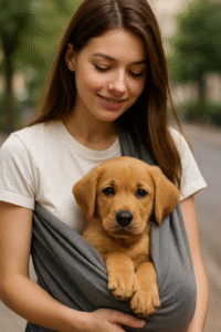 a puppy being carried in a sling