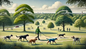 an AI picture of a dog walker on banstead commons