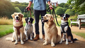 DALL·E 2024 12 11 08.46.16 A close up view of a professional dog walker holding three dog leashes with dogs of different breeds sitting obediently. The background shows a natur