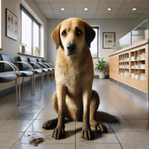 a sad muddy dog in the reception area of a vets office