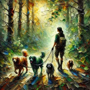 a woman walking dogs in a forest presented with thick brush strokes