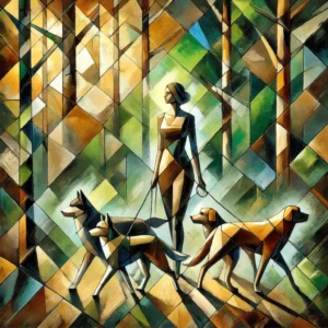 a woman walking dogs in a forest, cubist style