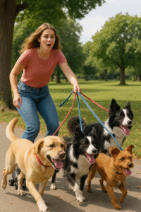 a dog walker being pulled by dogs whilst wearing rollerskates