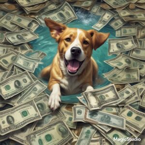 a dog swimming in money